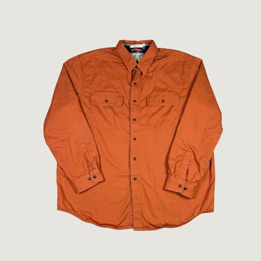 LL Bean Mens XL Flannel Lined Cotton Canvas Shirt Burnt OrangeTraditional